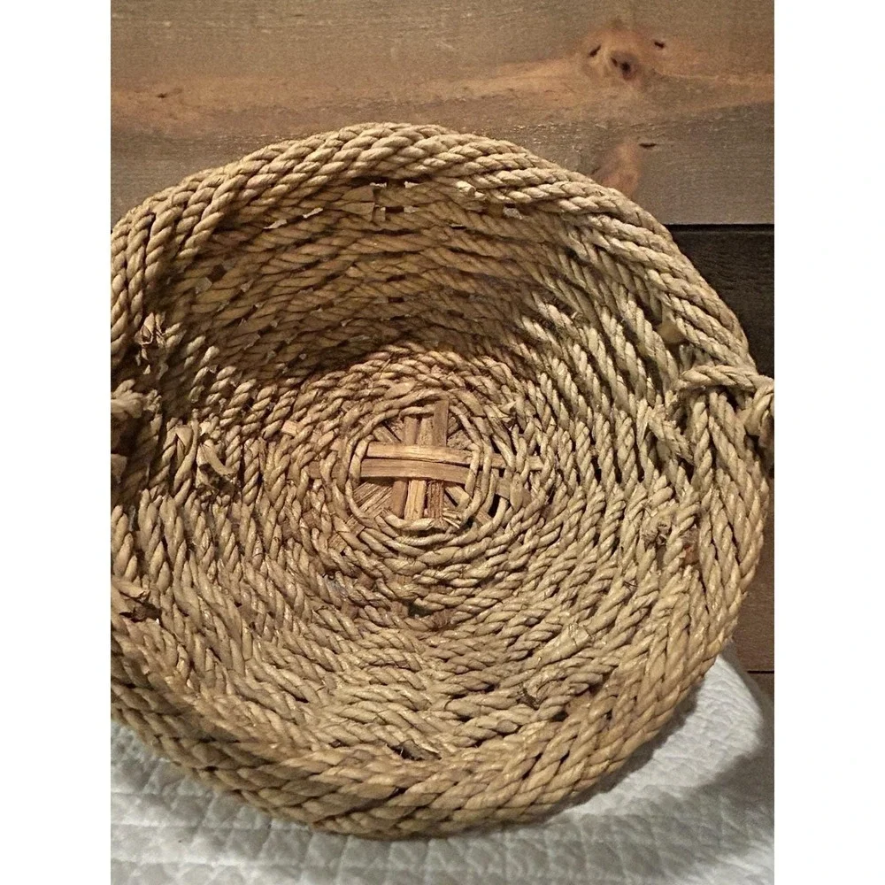 Vintage Woven Jute Rope Basket Round, Wicker And Jute Rope Weaving 12